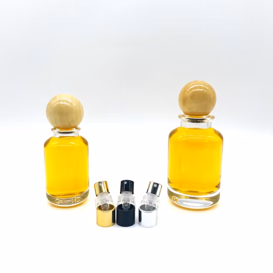 Hot Sell 50ml 100ml Cylinder Glass Perfume Bottle with Round Wooden Cap