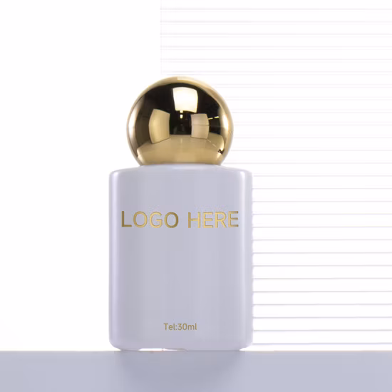 Luxuriöse, runde 30-ml-Kosmetik-Serumflasche aus Glas mit dickem Boden für die Hautpflege und goldfarbener Kugelkappe